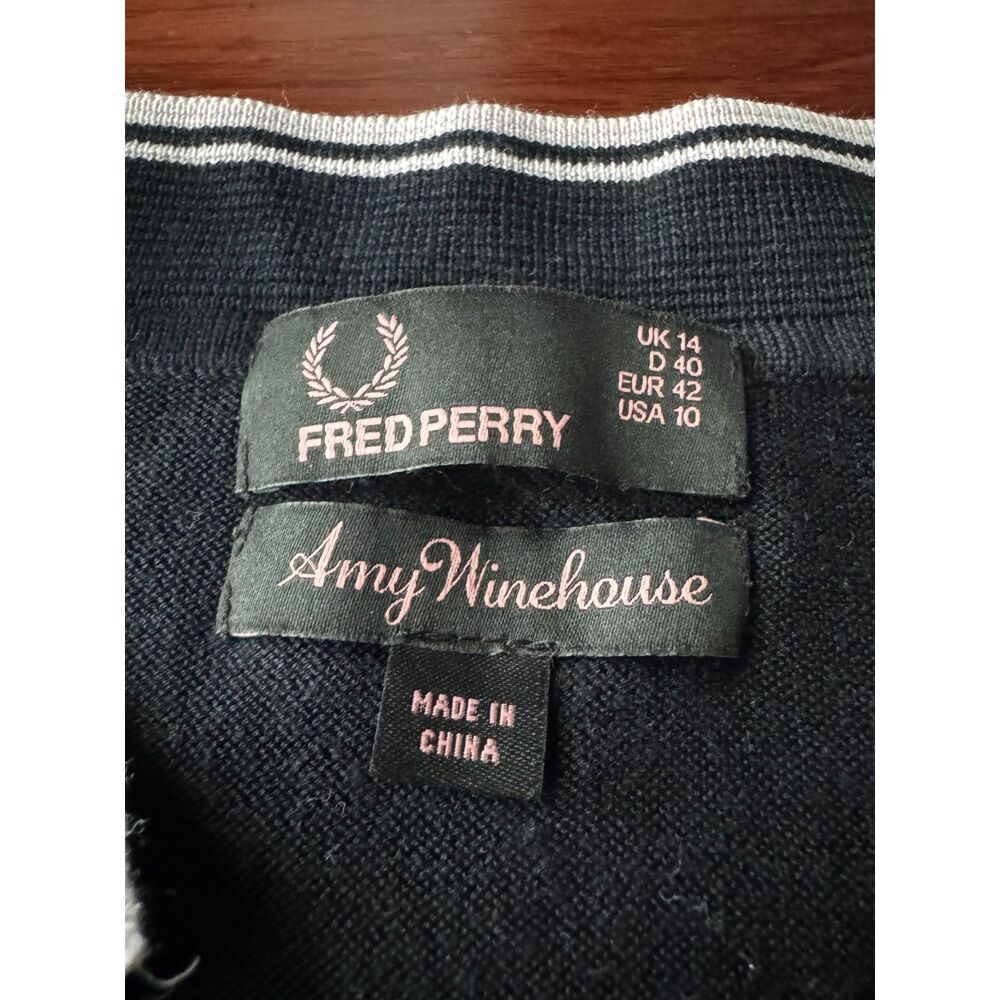 Fred Perry x Amy Winehouse Collab Knit Polo Cardigan Black Pink Trim Sz 10/UK14